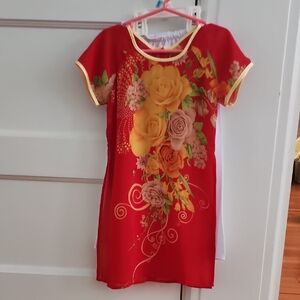 Floral Red Dress with Yellow and Pink Accents